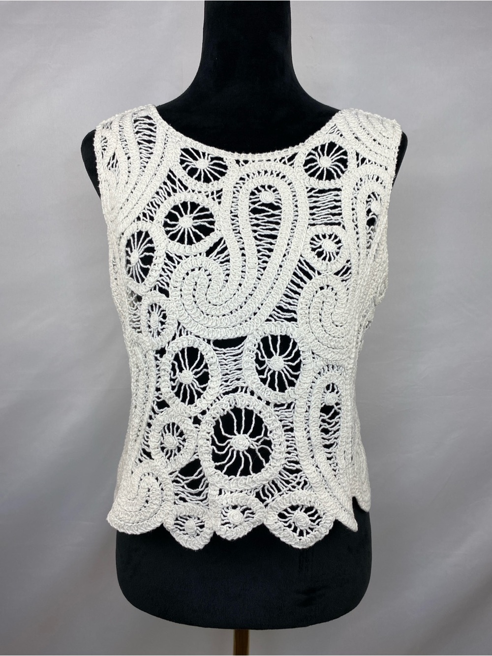 Ultra Pink White Crochet Lace Paisley Tank Top 100% Cotton Boho Size Small
